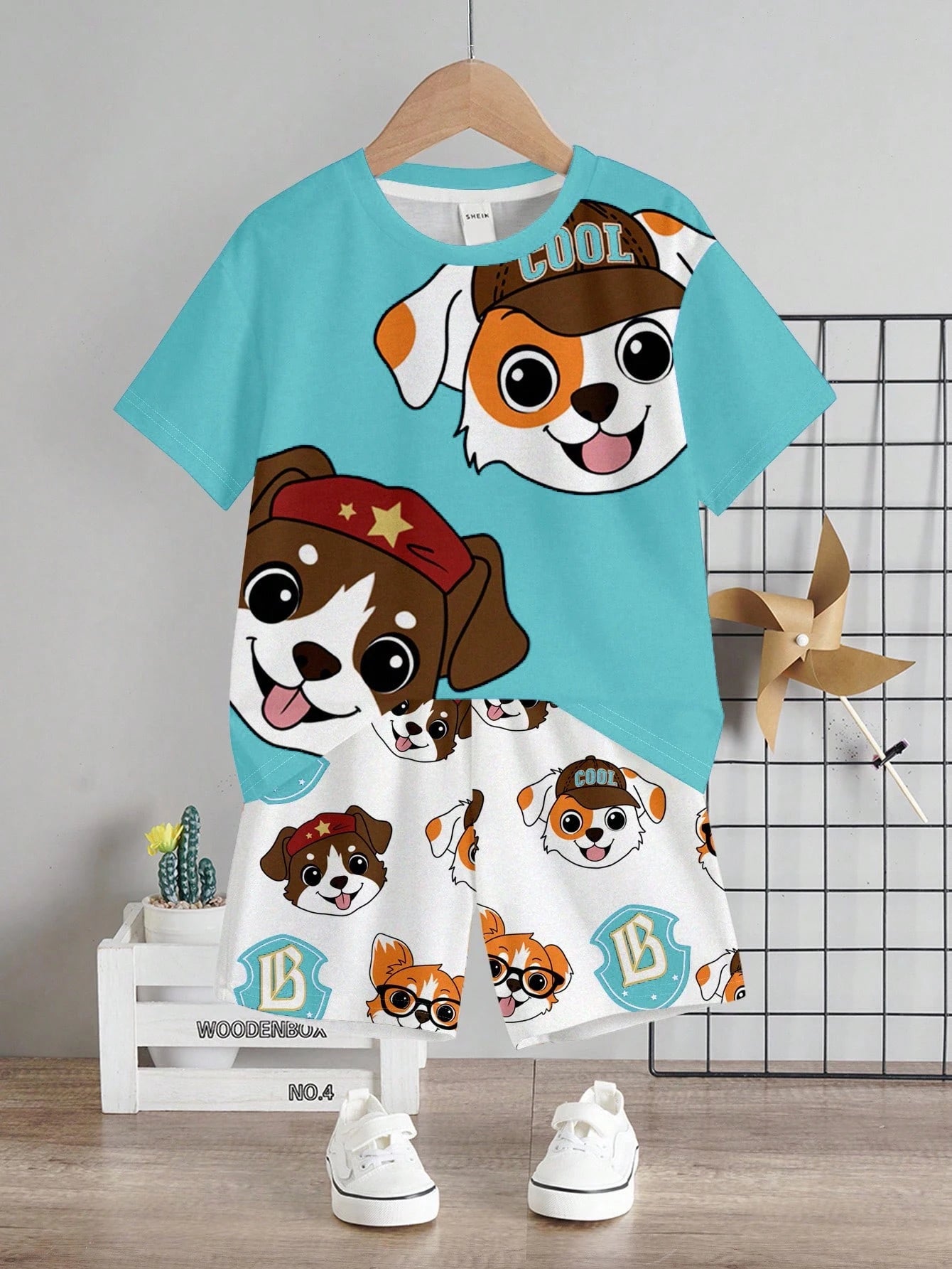 Bubblio Baby Boy 2pcs/Set Turquoise Summer Casual Cute Beach Shorts Suit,PUPPIES Graphic Round Neck Short Sleeve Tee,Everyday Basic Kids' Choice Collection
