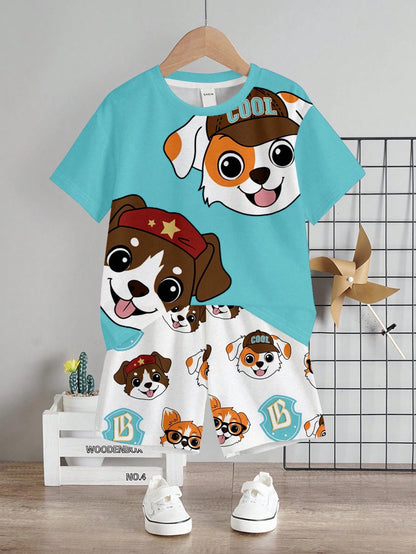 Bubblio Baby Boy 2pcs/Set Turquoise Summer Casual Cute Beach Shorts Suit,PUPPIES Graphic Round Neck Short Sleeve Tee,Everyday Basic Kids' Choice Collection