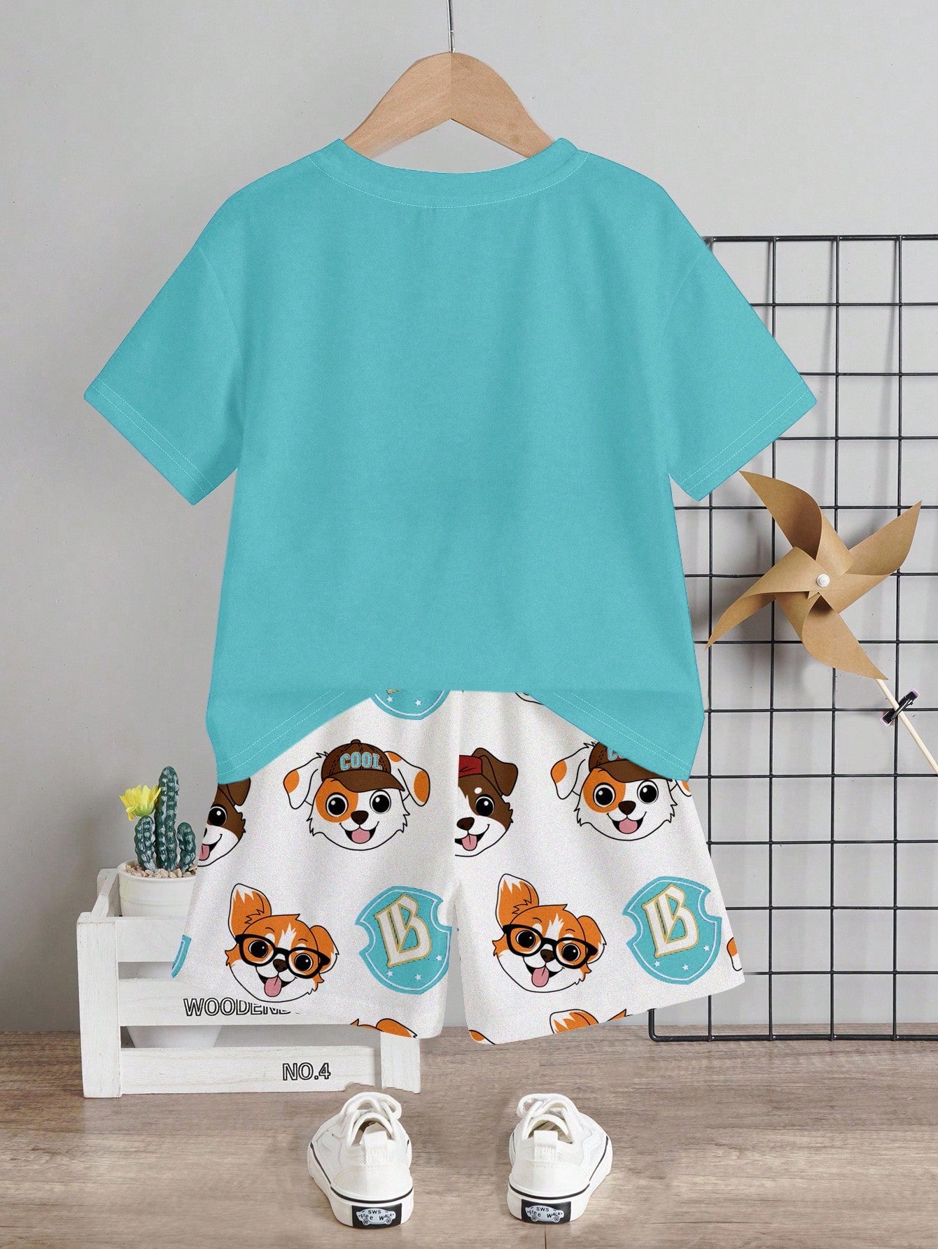 Bubblio Baby Boy 2pcs/Set Turquoise Summer Casual Cute Beach Shorts Suit,PUPPIES Graphic Round Neck Short Sleeve Tee,Everyday Basic Kids' Choice Collection