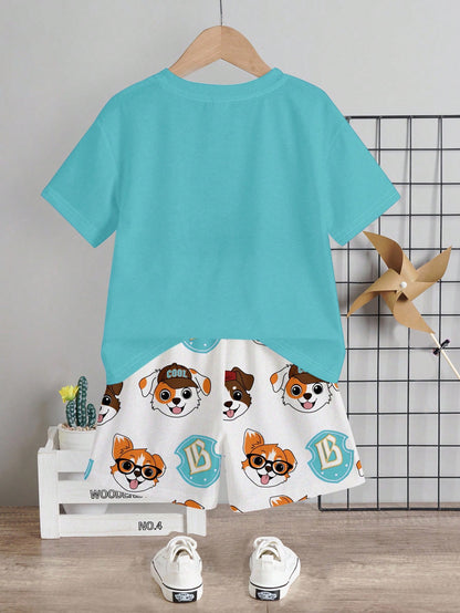Bubblio Baby Boy 2pcs/Set Turquoise Summer Casual Cute Beach Shorts Suit,PUPPIES Graphic Round Neck Short Sleeve Tee,Everyday Basic Kids' Choice Collection