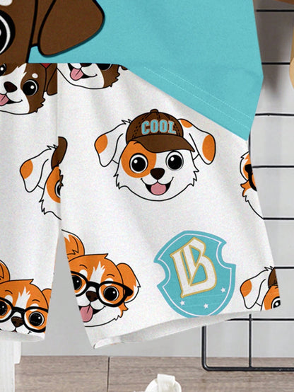 Bubblio Baby Boy 2pcs/Set Turquoise Summer Casual Cute Beach Shorts Suit,PUPPIES Graphic Round Neck Short Sleeve Tee,Everyday Basic Kids' Choice Collection