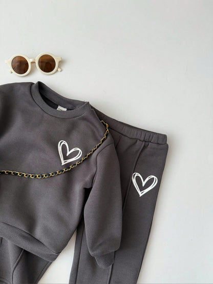 Bubblio Baby Girls Casual Heart Print Knit Solid Color Loose Drop Shoulder Long Sleeve Autumn Sweatshirt And Wide Leg Sweatpants Set
