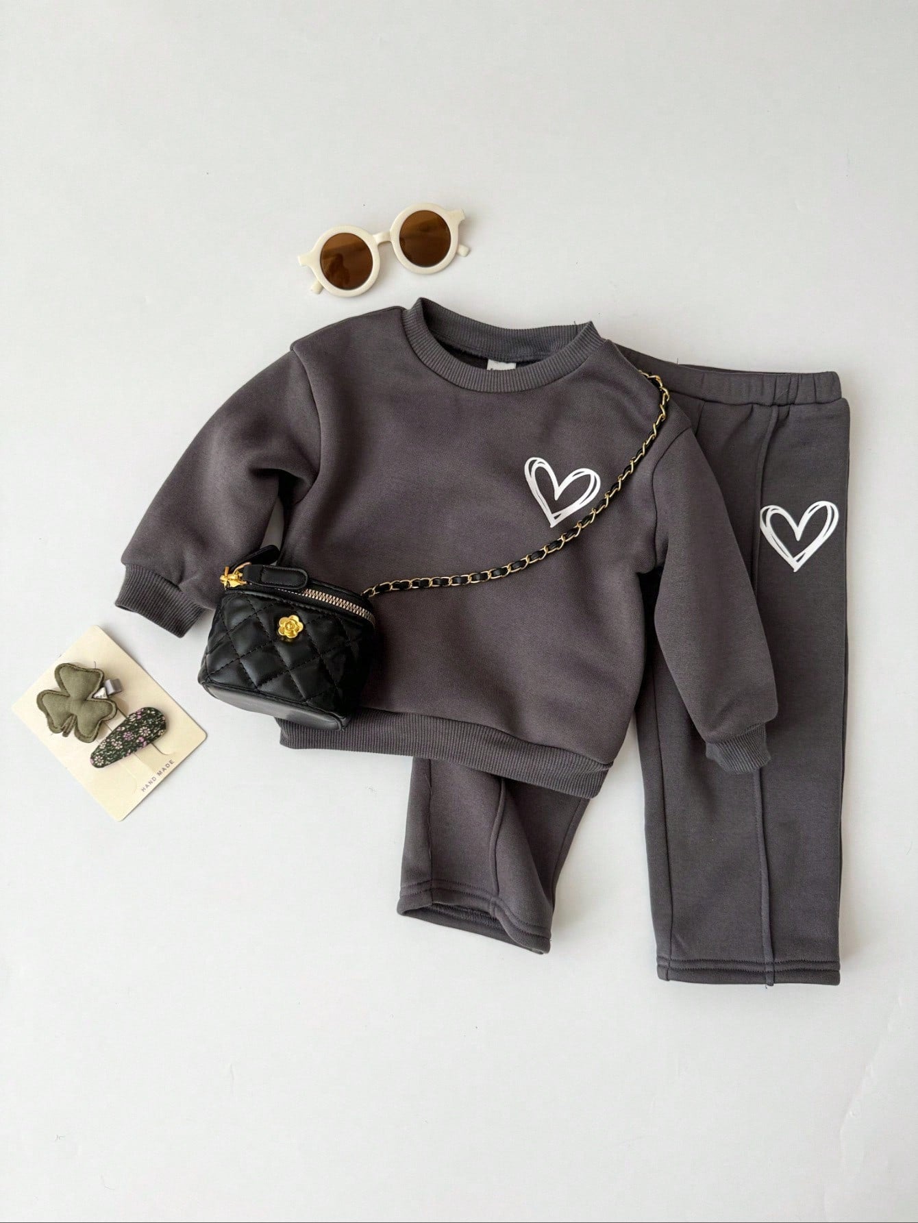 Bubblio Baby Girls Casual Heart Print Knit Solid Color Loose Drop Shoulder Long Sleeve Autumn Sweatshirt And Wide Leg Sweatpants Set