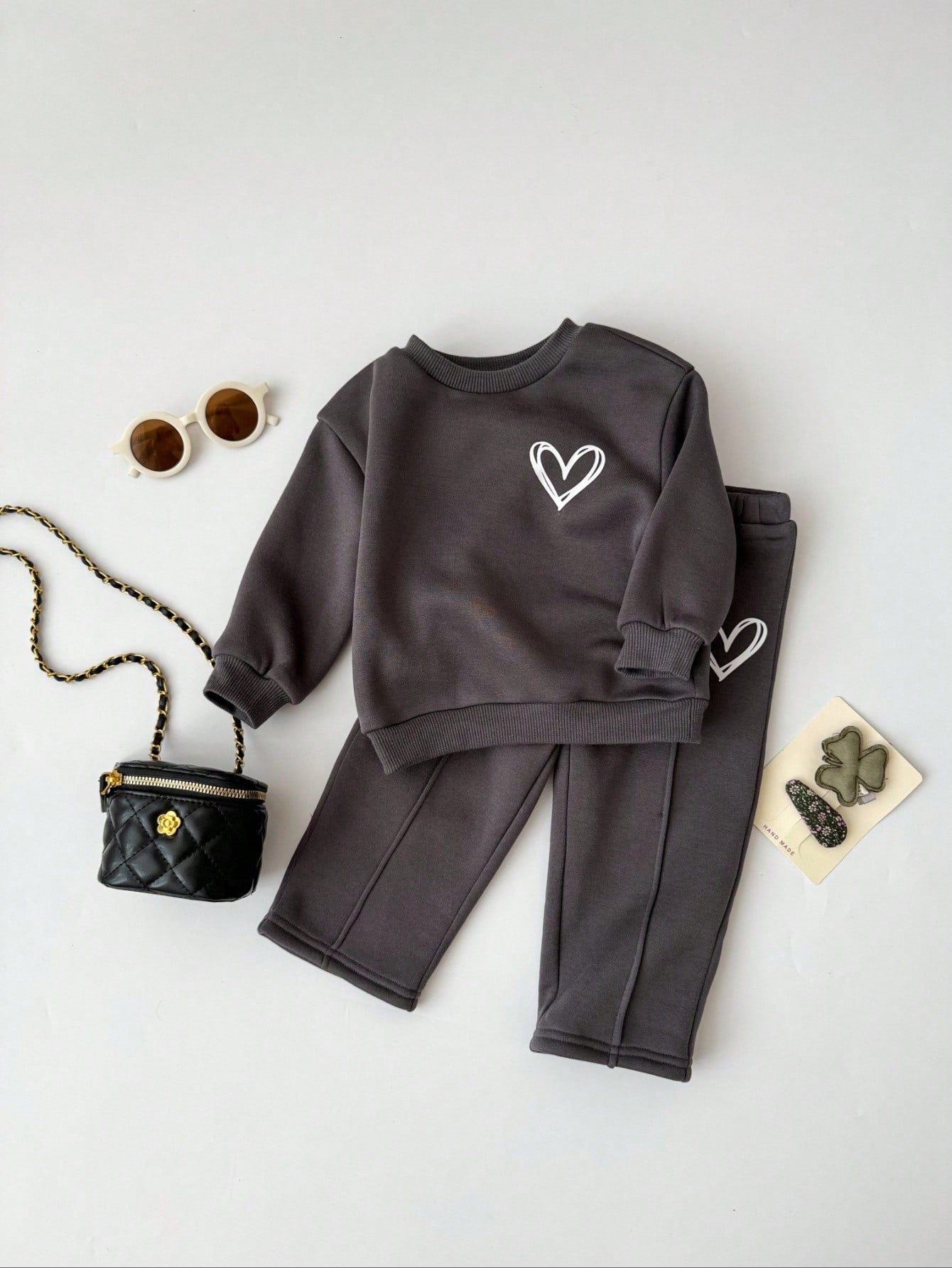 Bubblio Baby Girls Casual Heart Print Knit Solid Color Loose Drop Shoulder Long Sleeve Autumn Sweatshirt And Wide Leg Sweatpants Set