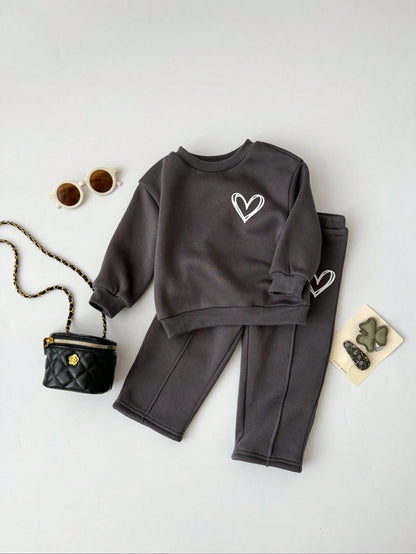 Bubblio Baby Girls Casual Heart Print Knit Solid Color Loose Drop Shoulder Long Sleeve Autumn Sweatshirt And Wide Leg Sweatpants Set