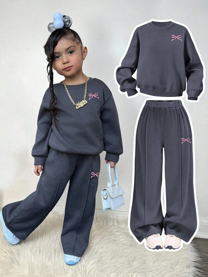 Bubblio Baby Girls Casual Heart Print Knit Solid Color Loose Drop Shoulder Long Sleeve Autumn Sweatshirt And Wide Leg Sweatpants Set