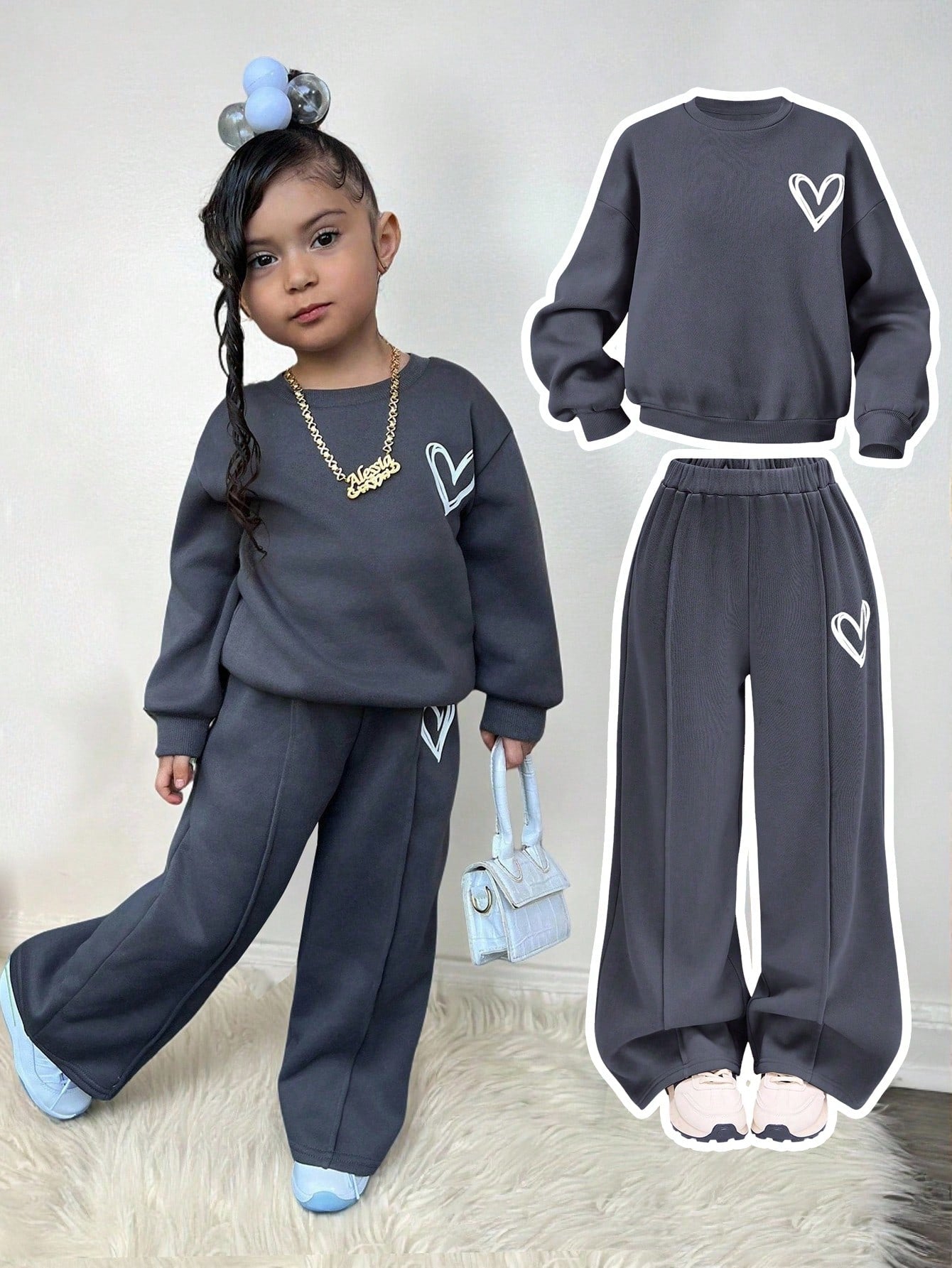 Bubblio Baby Girls Casual Heart Print Knit Solid Color Loose Drop Shoulder Long Sleeve Autumn Sweatshirt And Wide Leg Sweatpants Set