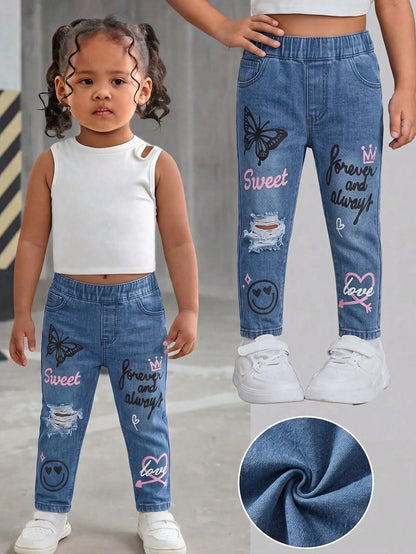 Bubblio Babygirl Cute Street Style Versatile Printed Pattern Elastic Waist Long Pants