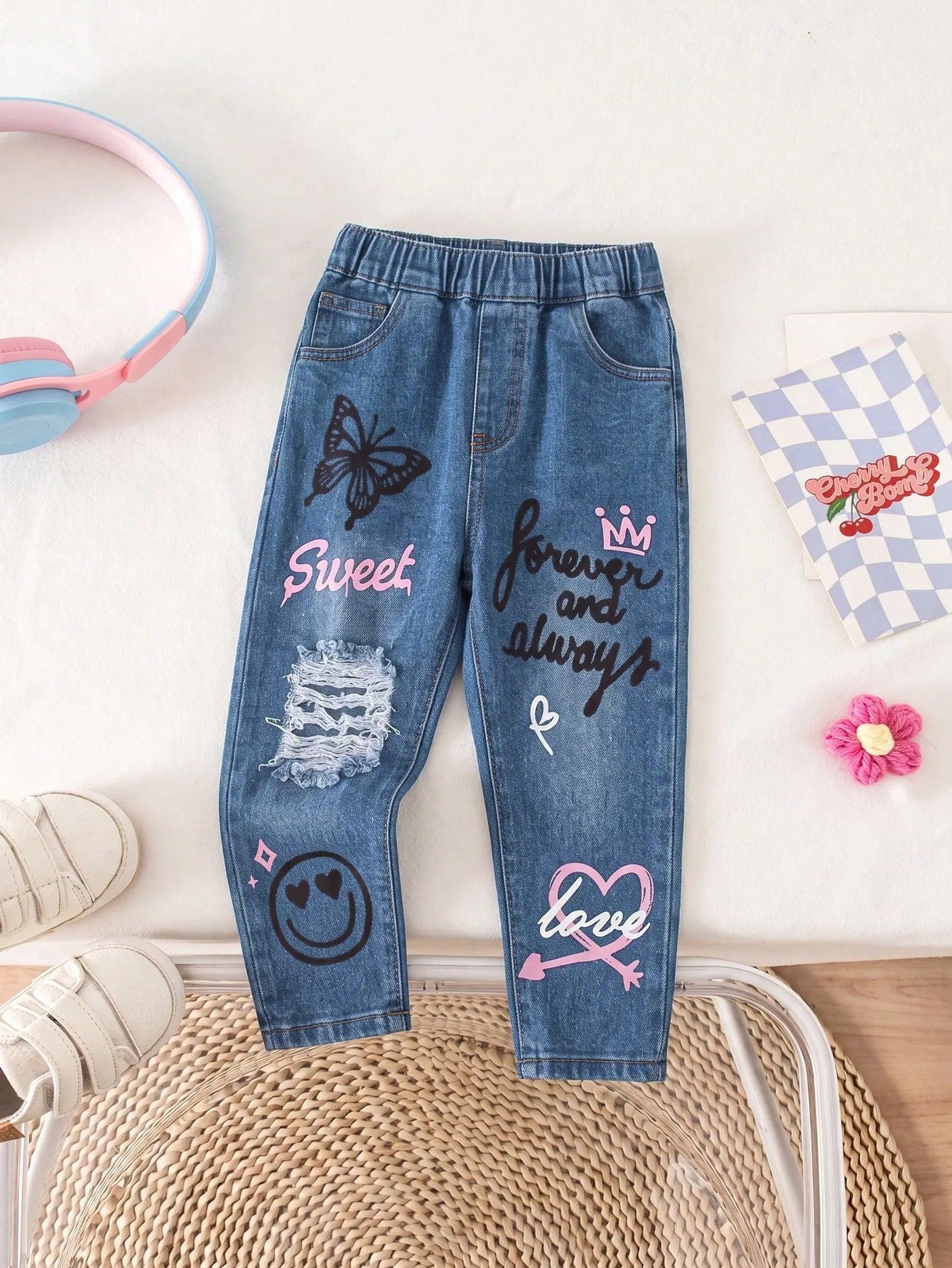Bubblio Babygirl Cute Street Style Versatile Printed Pattern Elastic Waist Long Pants