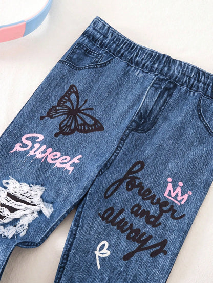 Bubblio Babygirl Cute Street Style Versatile Printed Pattern Elastic Waist Long Pants