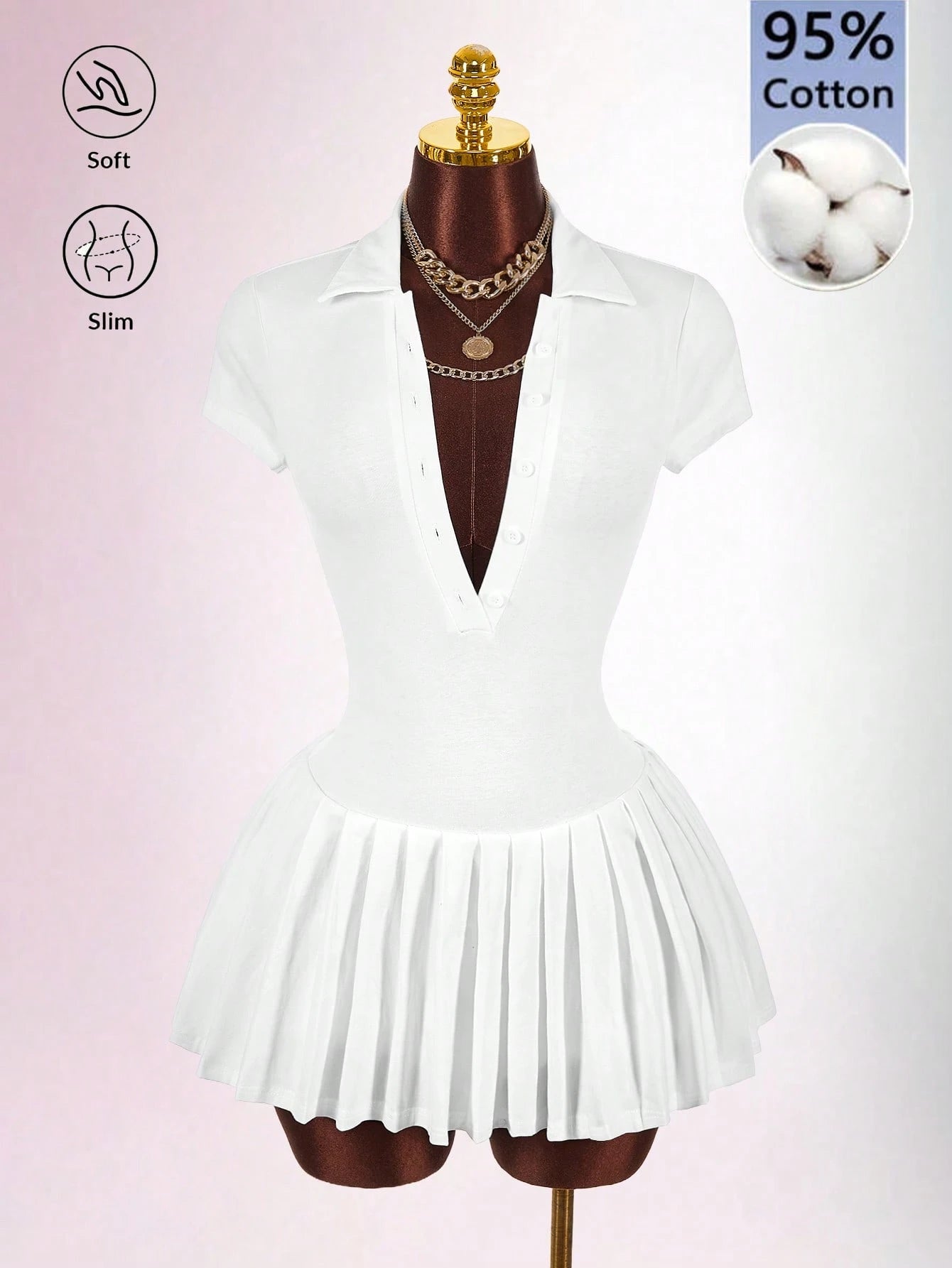 Bumpella Polo Collar Deep V-Neck Ruffle Hem Dress Back-To-School Brunch School White Summer Modest Casual