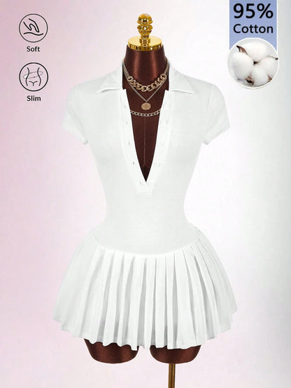 Bumpella Polo Collar Deep V-Neck Ruffle Hem Dress Back-To-School Brunch School White Summer Modest Casual