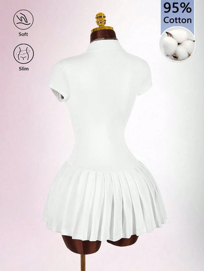 Bumpella Polo Collar Deep V-Neck Ruffle Hem Dress Back-To-School Brunch School White Summer Modest Casual