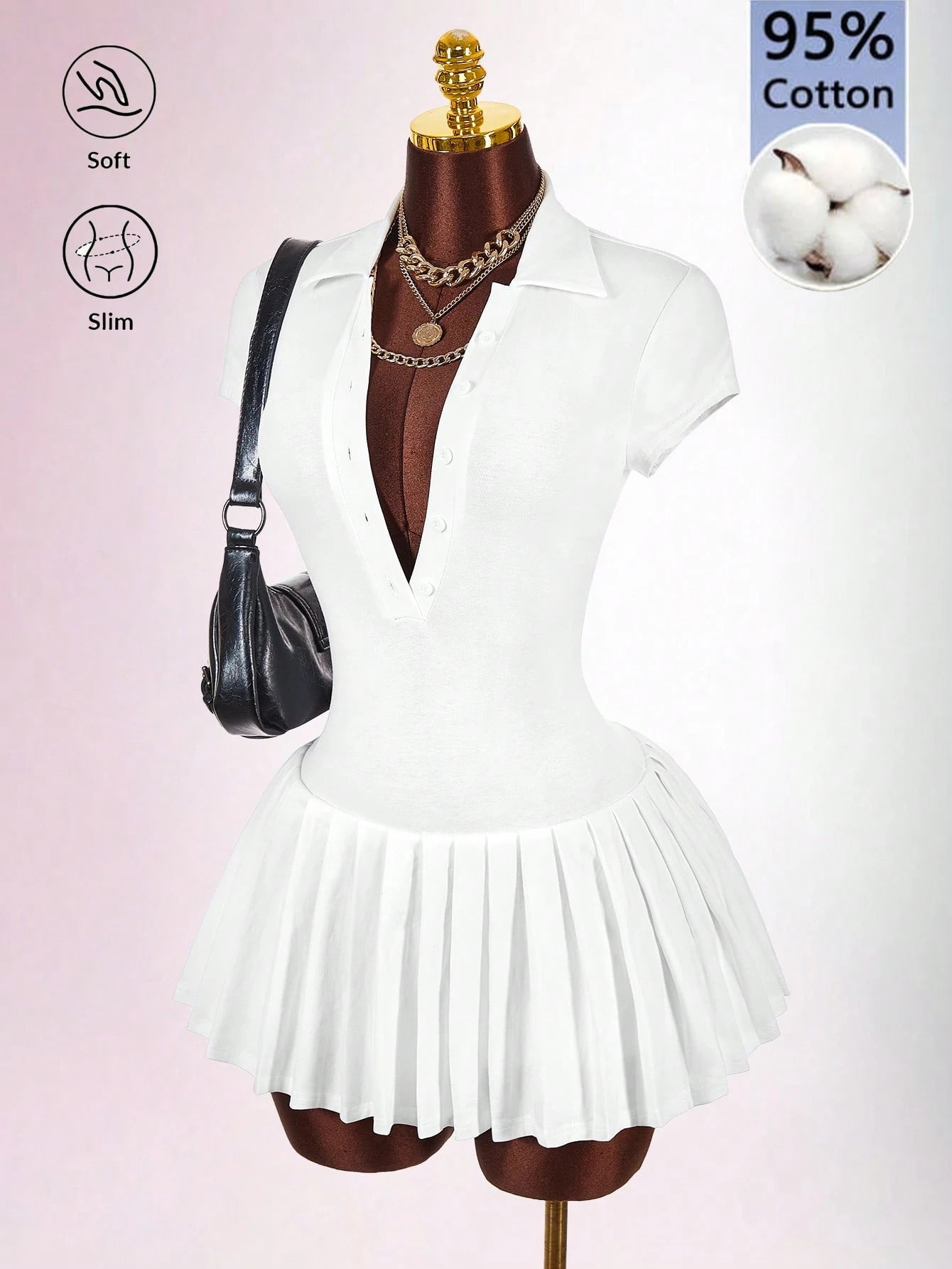 Bumpella Polo Collar Deep V-Neck Ruffle Hem Dress Back-To-School Brunch School White Summer Modest Casual