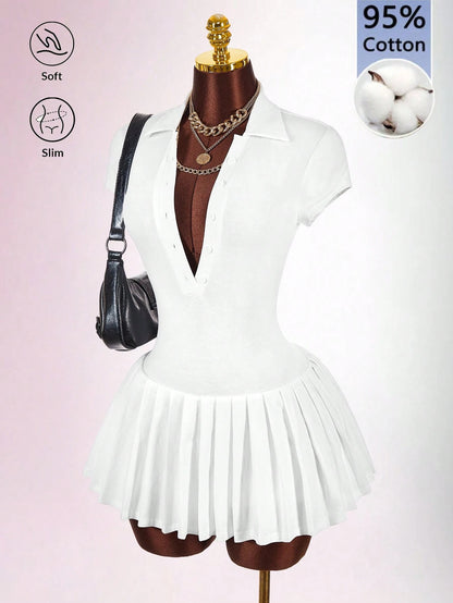 Bumpella Polo Collar Deep V-Neck Ruffle Hem Dress Back-To-School Brunch School White Summer Modest Casual