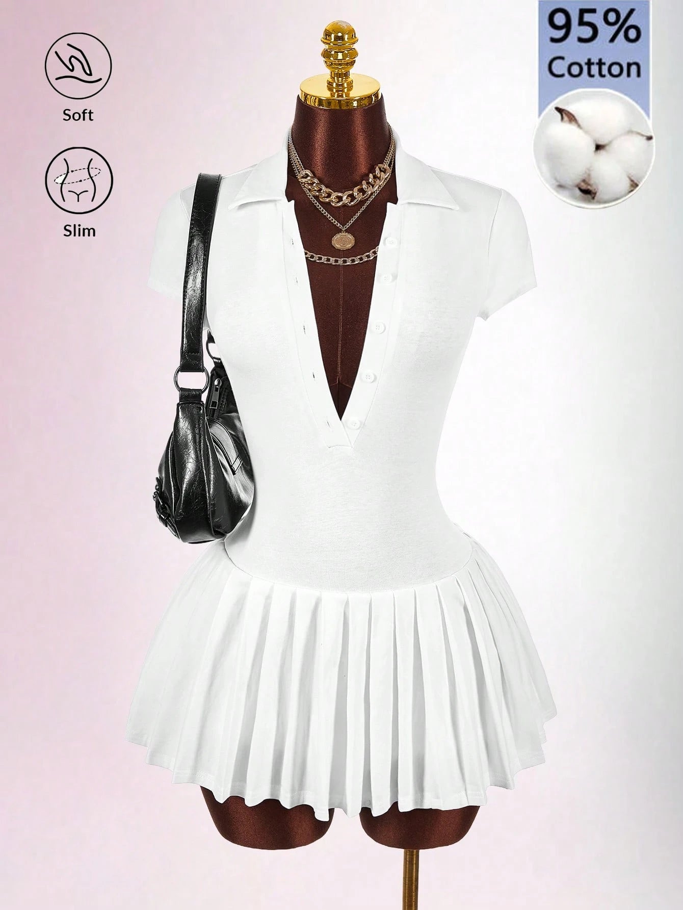Bumpella Polo Collar Deep V-Neck Ruffle Hem Dress Back-To-School Brunch School White Summer Modest Casual