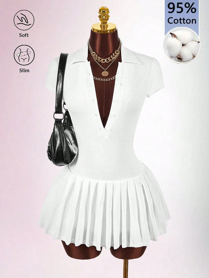 Bumpella Polo Collar Deep V-Neck Ruffle Hem Dress Back-To-School Brunch School White Summer Modest Casual