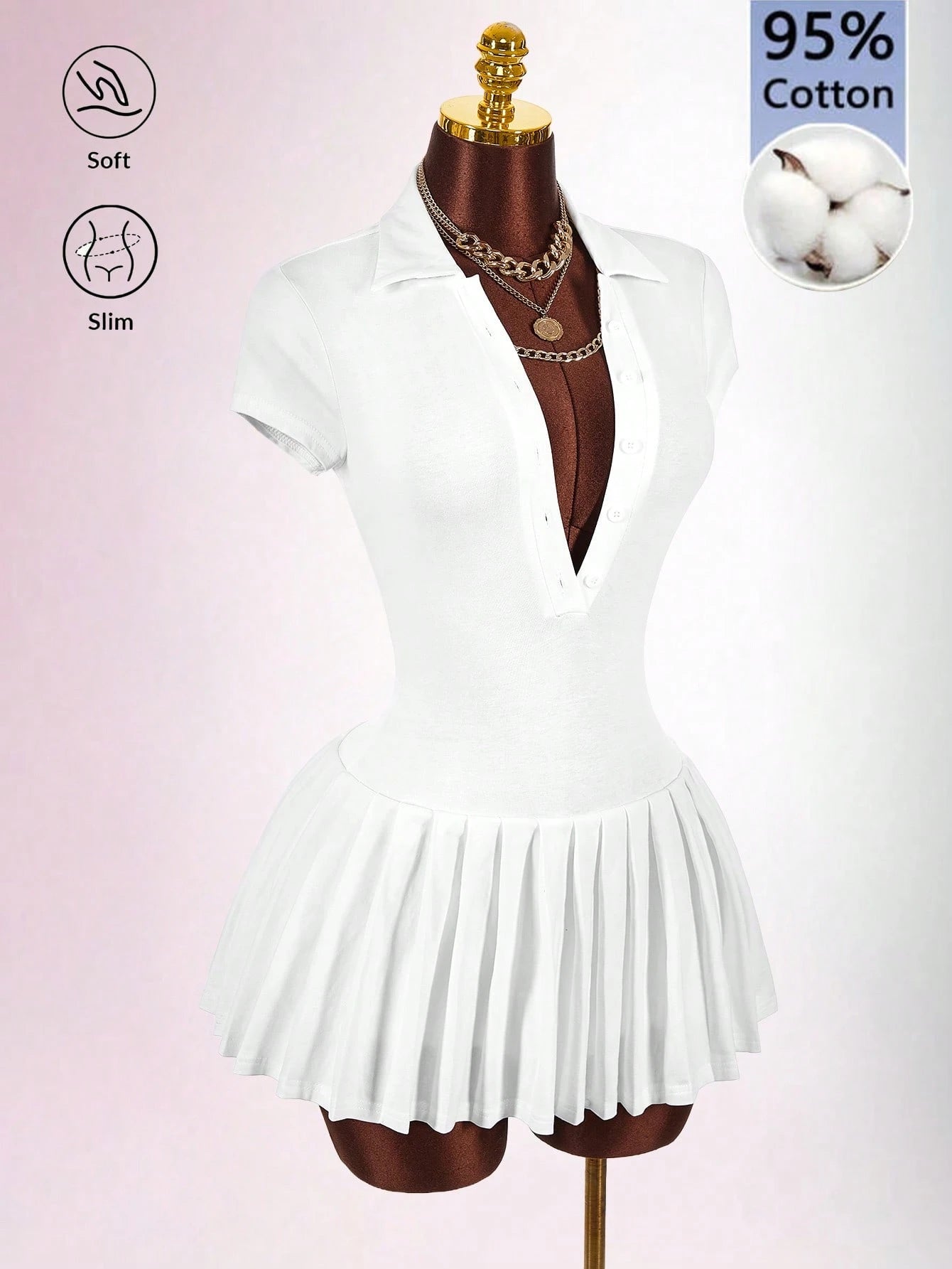 Bumpella Polo Collar Deep V-Neck Ruffle Hem Dress Back-To-School Brunch School White Summer Modest Casual