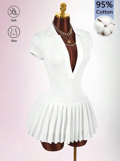 Bumpella Polo Collar Deep V-Neck Ruffle Hem Dress Back-To-School Brunch School White Summer Modest Casual