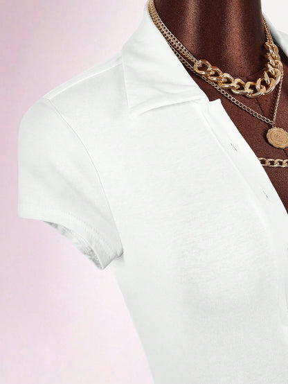 Bumpella Polo Collar Deep V-Neck Ruffle Hem Dress Back-To-School Brunch School White Summer Modest Casual