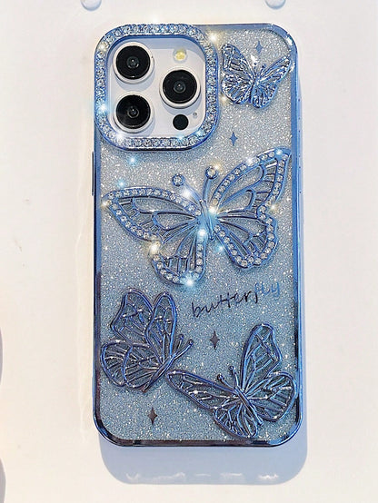 Butterfly Pattern Silicone Korean Ins Electroplated Silicone Phone Case Compatible With Iphone 16 Pro Max, 17/17 Pro/17 Pro Max, Stereoscopic Rhinestone Butterfly Design, Soft Full Coverage Case, Uniq