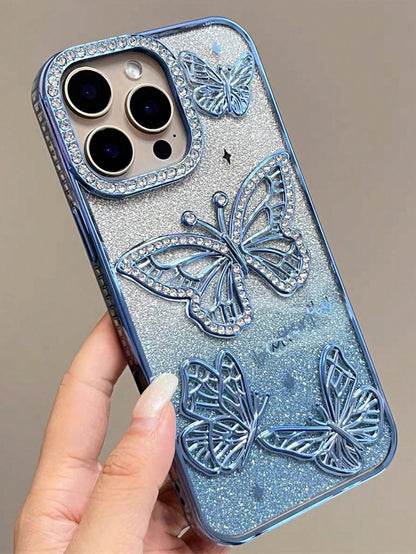 Butterfly Pattern Silicone Korean Ins Electroplated Silicone Phone Case Compatible With Iphone 16 Pro Max, 17/17 Pro/17 Pro Max, Stereoscopic Rhinestone Butterfly Design, Soft Full Coverage Case, Uniq