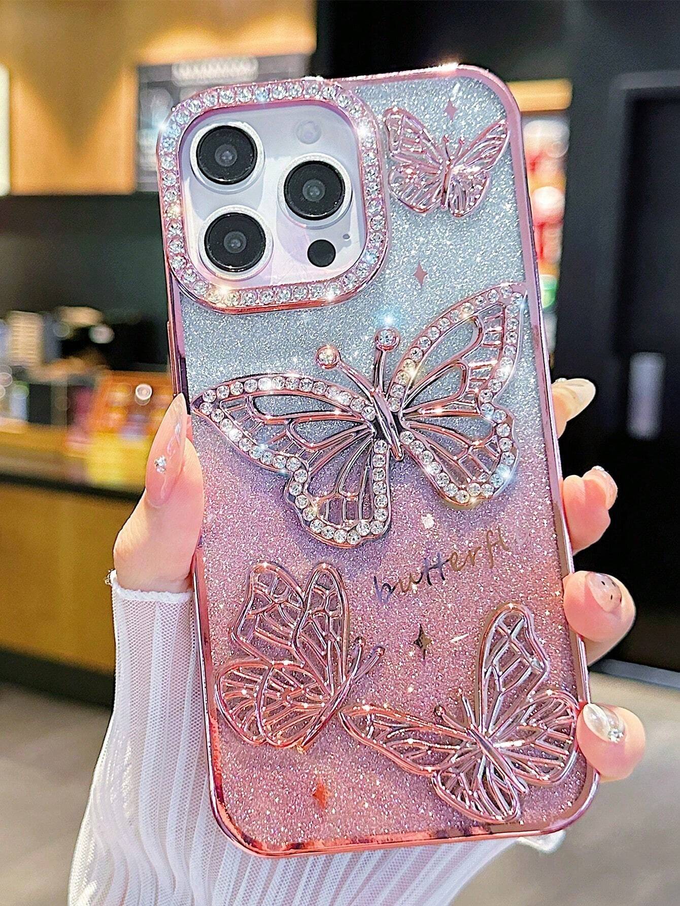 Butterfly Pattern Silicone Korean Ins Electroplated Silicone Phone Case Compatible With Iphone 16 Pro Max, 17/17 Pro/17 Pro Max, Stereoscopic Rhinestone Butterfly Design, Soft Full Coverage Case, Uniq