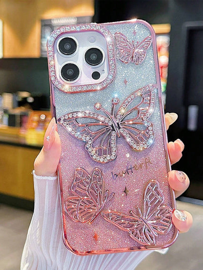 Butterfly Pattern Silicone Korean Ins Electroplated Silicone Phone Case Compatible With Iphone 16 Pro Max, 17/17 Pro/17 Pro Max, Stereoscopic Rhinestone Butterfly Design, Soft Full Coverage Case, Uniq