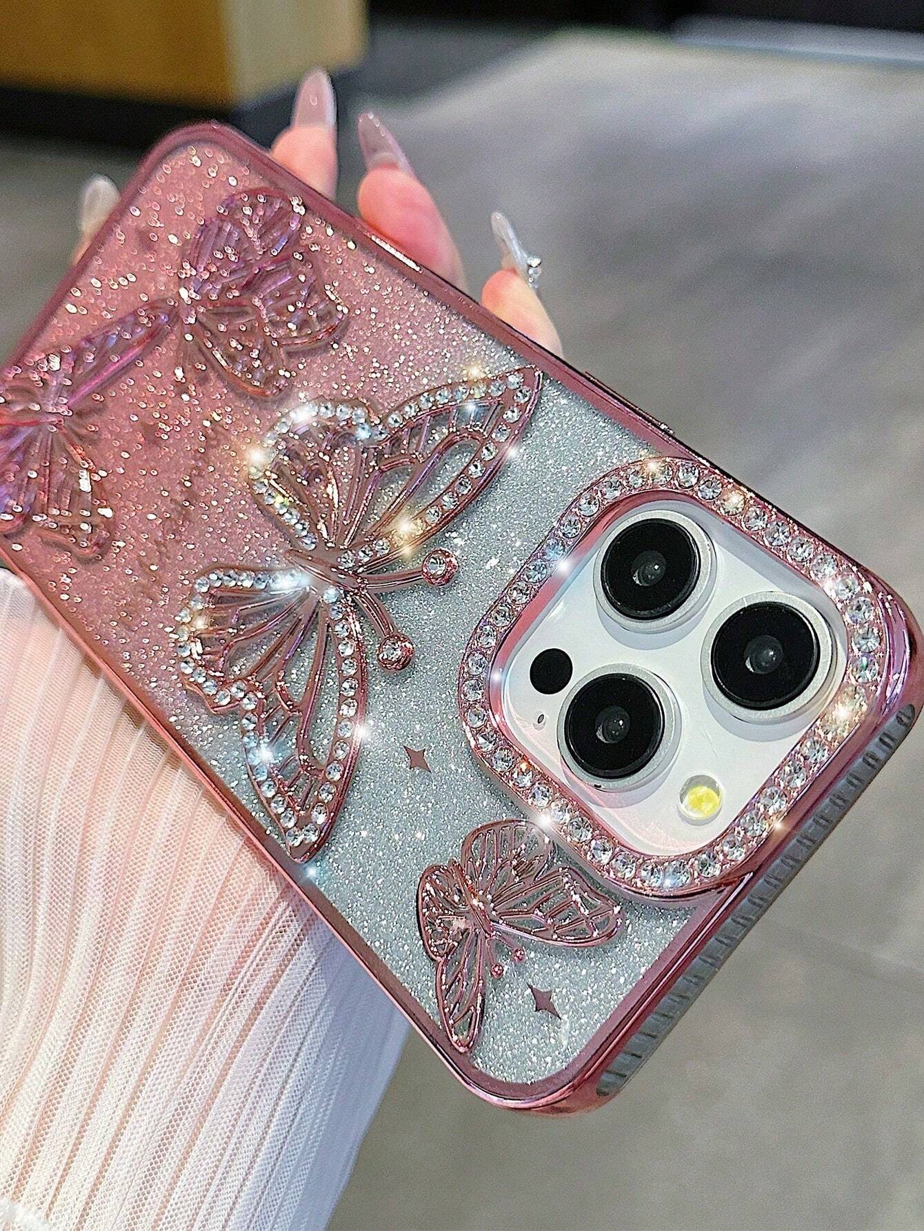 Butterfly Pattern Silicone Korean Ins Electroplated Silicone Phone Case Compatible With Iphone 16 Pro Max, 17/17 Pro/17 Pro Max, Stereoscopic Rhinestone Butterfly Design, Soft Full Coverage Case, Uniq