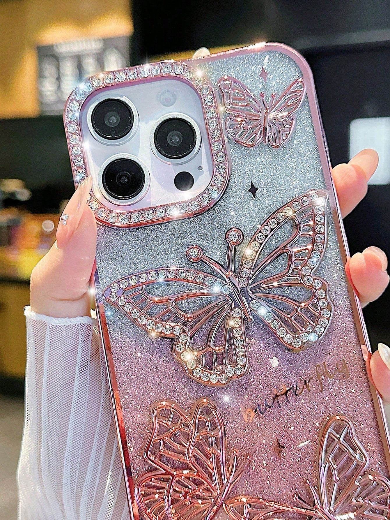 Butterfly Pattern Silicone Korean Ins Electroplated Silicone Phone Case Compatible With Iphone 16 Pro Max, 17/17 Pro/17 Pro Max, Stereoscopic Rhinestone Butterfly Design, Soft Full Coverage Case, Uniq