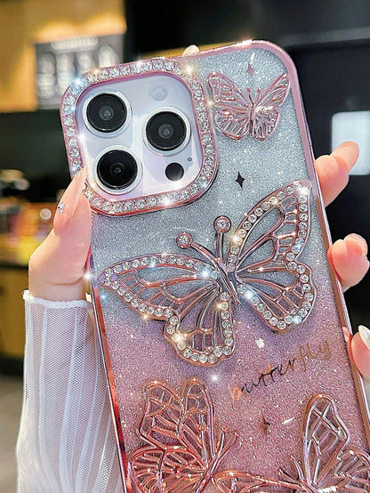 Butterfly Pattern Silicone Korean Ins Electroplated Silicone Phone Case Compatible With Iphone 16 Pro Max, 17/17 Pro/17 Pro Max, Stereoscopic Rhinestone Butterfly Design, Soft Full Coverage Case, Uniq