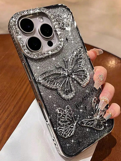 Butterfly Pattern Silicone Korean Ins Electroplated Silicone Phone Case Compatible With Iphone 16 Pro Max, 17/17 Pro/17 Pro Max, Stereoscopic Rhinestone Butterfly Design, Soft Full Coverage Case, Uniq