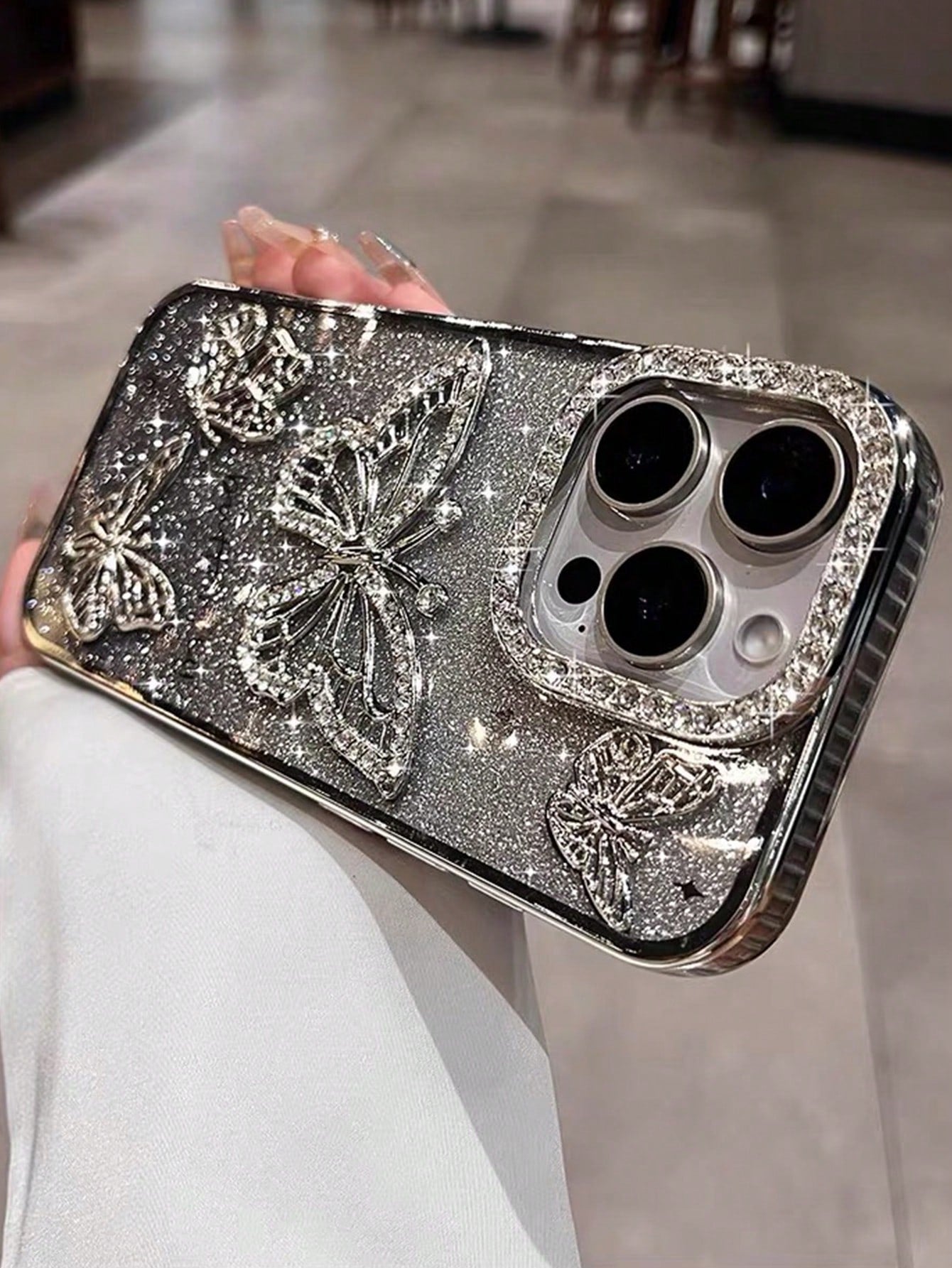 Butterfly Pattern Silicone Korean Ins Electroplated Silicone Phone Case Compatible With Iphone 16 Pro Max, 17/17 Pro/17 Pro Max, Stereoscopic Rhinestone Butterfly Design, Soft Full Coverage Case, Uniq