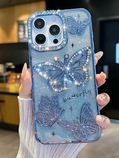 Butterfly Pattern Silicone Korean Ins Electroplated Silicone Phone Case Compatible With Iphone 16 Pro Max, 17/17 Pro/17 Pro Max, Stereoscopic Rhinestone Butterfly Design, Soft Full Coverage Case, Uniq