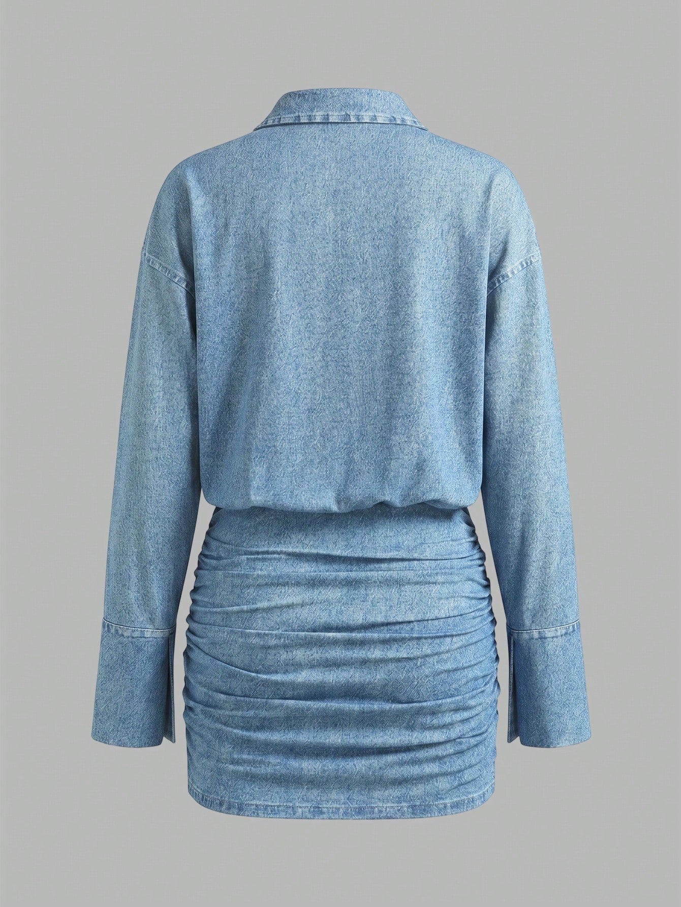 Cévolie Summer New Light Blue Denim Effect Digital Print Loose Waist-Cinching Bodycon Dress