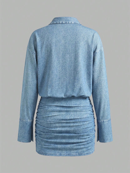 Cévolie Summer New Light Blue Denim Effect Digital Print Loose Waist-Cinching Bodycon Dress