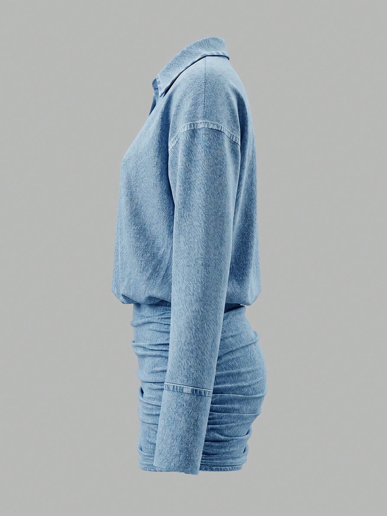Cévolie Summer New Light Blue Denim Effect Digital Print Loose Waist-Cinching Bodycon Dress