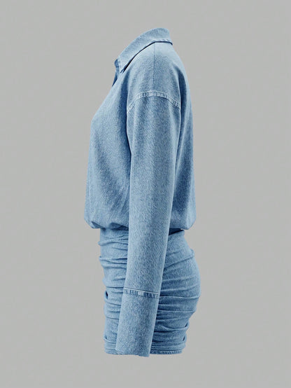 Cévolie Summer New Light Blue Denim Effect Digital Print Loose Waist-Cinching Bodycon Dress