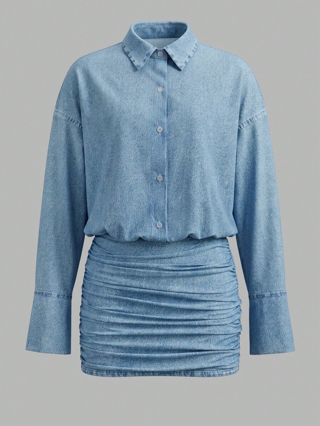 Cévolie Summer New Light Blue Denim Effect Digital Print Loose Waist-Cinching Bodycon Dress