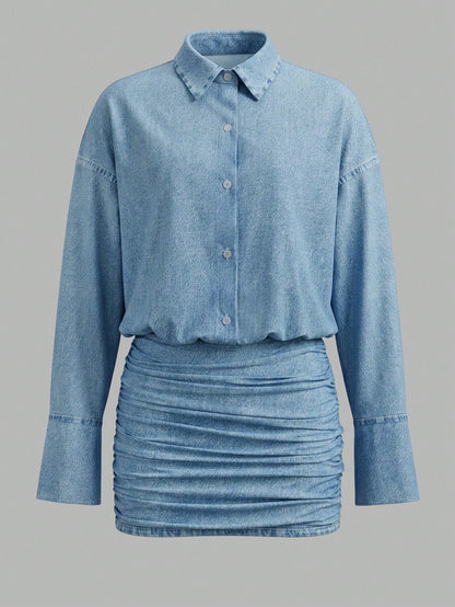 Cévolie Summer New Light Blue Denim Effect Digital Print Loose Waist-Cinching Bodycon Dress