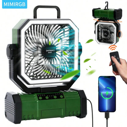 Camping Fan 11.41 Inch Portable, 20000mAh Rechargeable Battery Powered Fan With 4 Speeds Wind And LED Light 140H, Cool & Warm Light And SOS Mode, Auto Oscillating, 360° Rotating Hang Hook(Green-Basic
