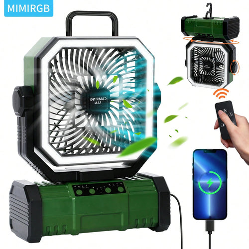 Camping Fan 11.41 Inch Portable, 20000mAh Rechargeable Battery Powered Fan With 4 Speeds Wind And LED Light 140H, Cool & Warm Light And SOS Mode, Auto Oscillating, 360° Rotating Hang Hook(Green-Basic