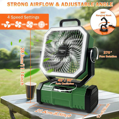 Camping Fan 11.41 Inch Portable, 20000mAh Rechargeable Battery Powered Fan With 4 Speeds Wind And LED Light 140H, Cool & Warm Light And SOS Mode, Auto Oscillating, 360° Rotating Hang Hook(Green-Basic