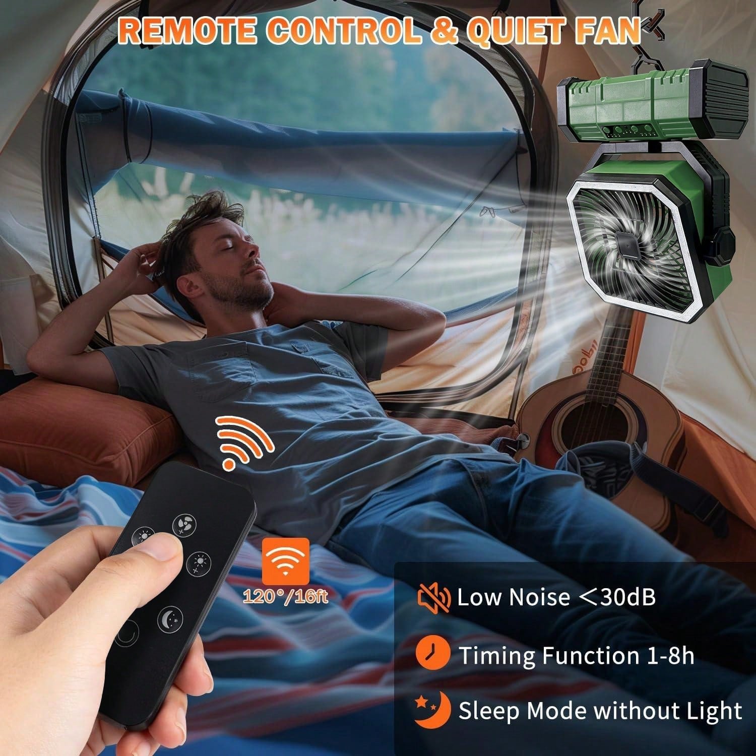 Camping Fan 11.41 Inch Portable, 20000mAh Rechargeable Battery Powered Fan With 4 Speeds Wind And LED Light 140H, Cool & Warm Light And SOS Mode, Auto Oscillating, 360° Rotating Hang Hook(Green-Basic