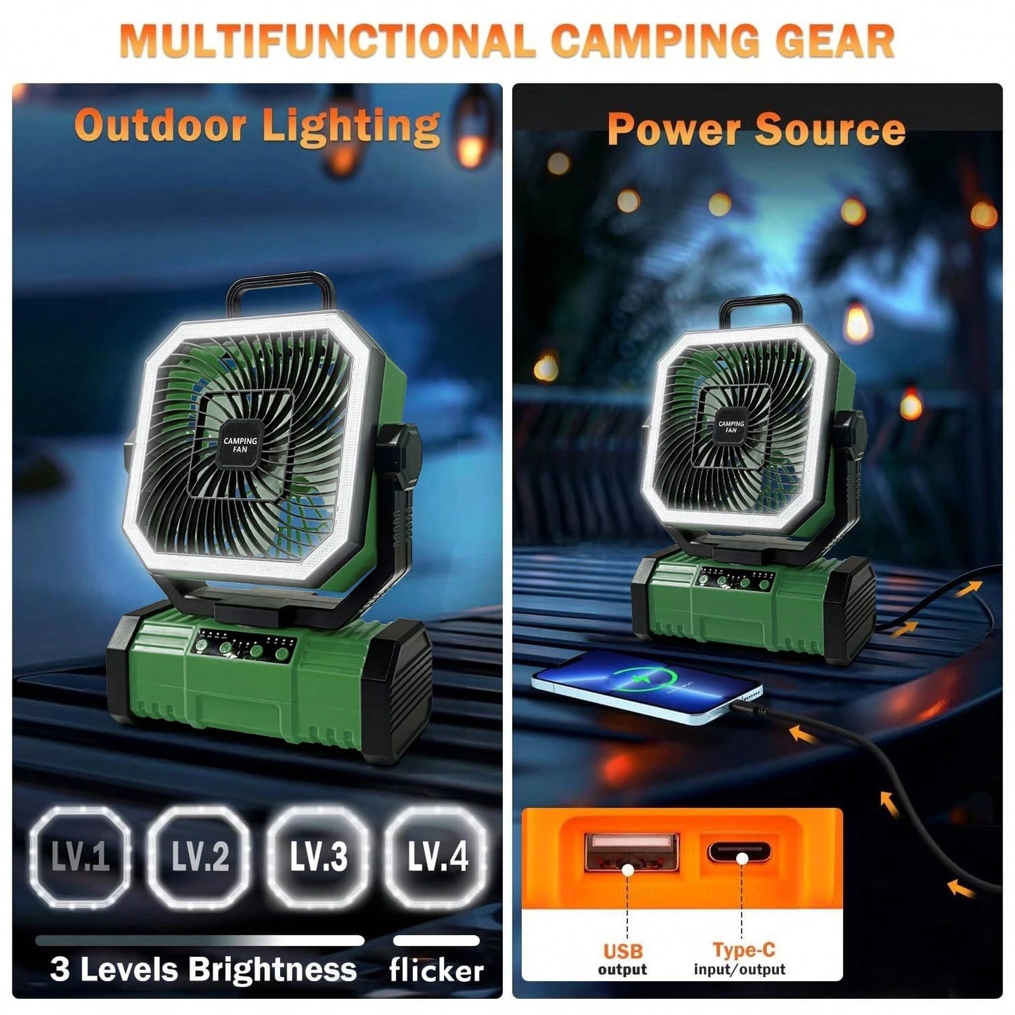 Camping Fan 11.41 Inch Portable, 20000mAh Rechargeable Battery Powered Fan With 4 Speeds Wind And LED Light 140H, Cool & Warm Light And SOS Mode, Auto Oscillating, 360° Rotating Hang Hook(Green-Basic