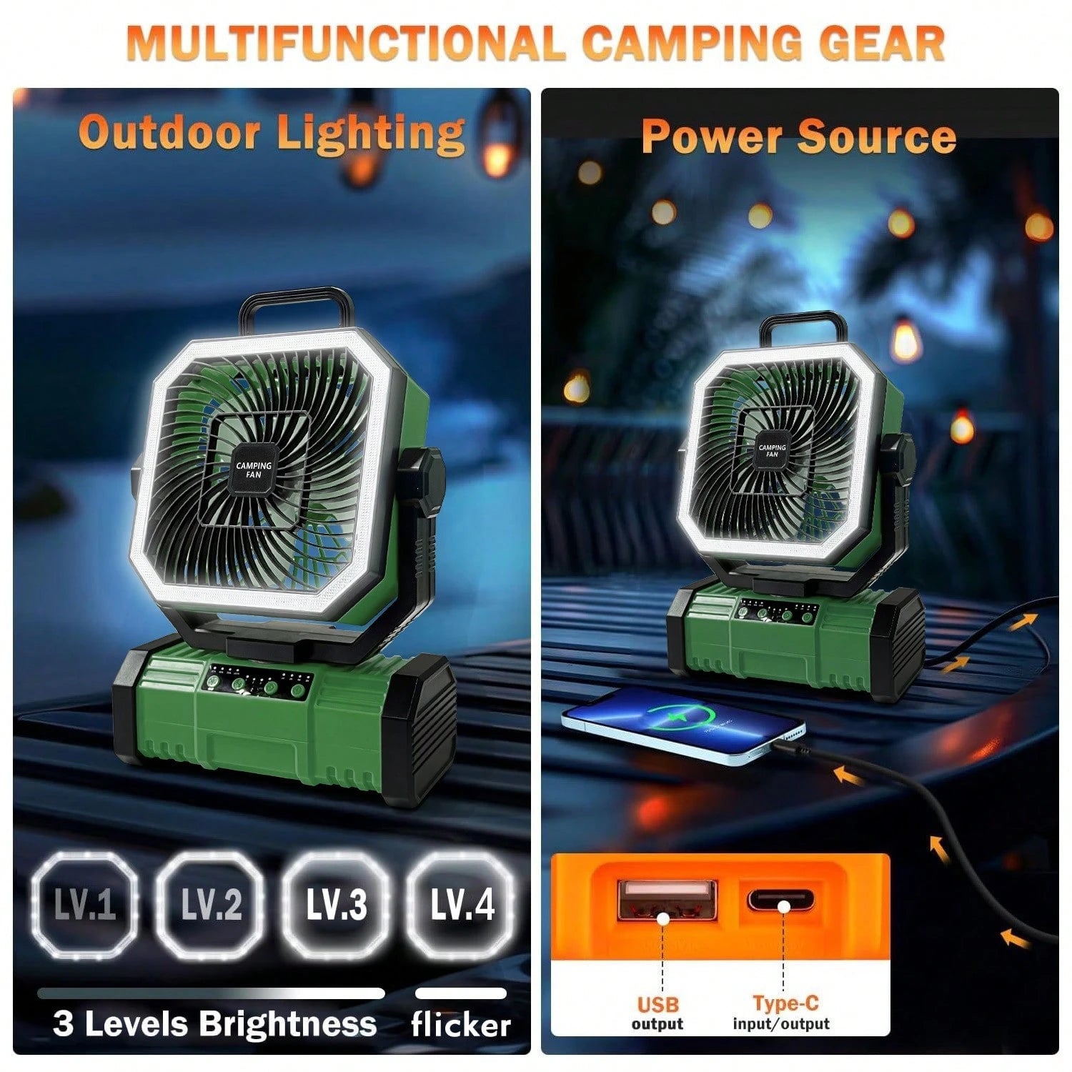 Camping Fan 11.41 Inch Portable, 20000mAh Rechargeable Battery Powered Fan With 4 Speeds Wind And LED Light 140H, Cool & Warm Light And SOS Mode, Auto Oscillating, 360° Rotating Hang Hook(Green-Basic