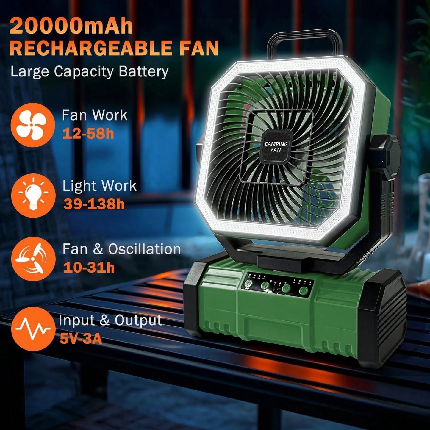 Camping Fan 11.41 Inch Portable, 20000mAh Rechargeable Battery Powered Fan With 4 Speeds Wind And LED Light 140H, Cool & Warm Light And SOS Mode, Auto Oscillating, 360° Rotating Hang Hook(Green-Basic