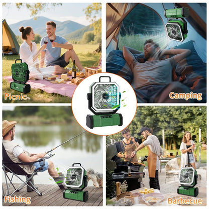 Camping Fan 11.41 Inch Portable, 20000mAh Rechargeable Battery Powered Fan With 4 Speeds Wind And LED Light 140H, Cool & Warm Light And SOS Mode, Auto Oscillating, 360° Rotating Hang Hook(Green-Basic