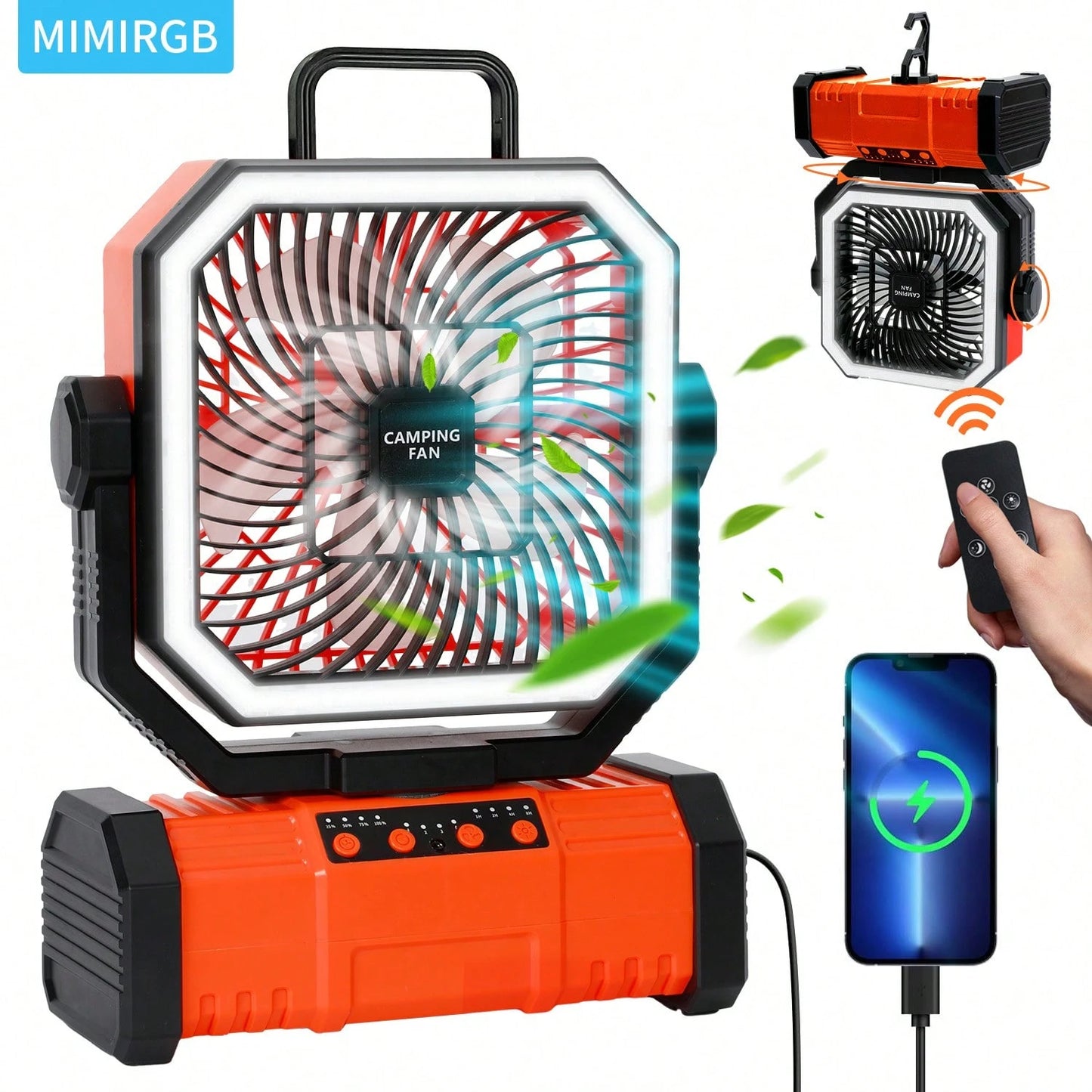 Camping Fan 11.41 Inch Portable, 20000mAh Rechargeable Battery Powered Fan With 4 Speeds Wind And LED Light 140H, Cool & Warm Light And SOS Mode, Auto Oscillating, 360° Rotating Hang Hook(Green-Basic