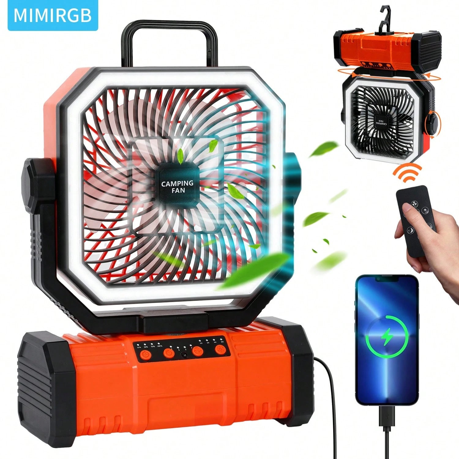 Camping Fan 11.41 Inch Portable, 20000mAh Rechargeable Battery Powered Fan With 4 Speeds Wind And LED Light 140H, Cool & Warm Light And SOS Mode, Auto Oscillating, 360° Rotating Hang Hook(Green-Basic